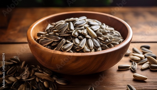 A Bowl Filled With Sunflower Seeds Kuaci Placed On A Wooden Table