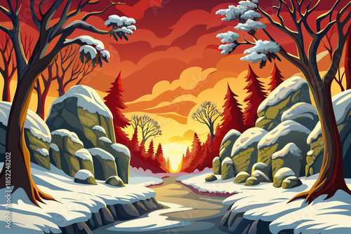 Snow-covered maple trees line a quiet forest path cartoon, forming a balanced winter scene with arching branches, layered depth, and natural seasonal harmony