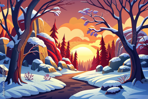 Snow-covered maple trees line a quiet forest path cartoon, forming a balanced winter scene with arching branches, layered depth, and natural seasonal harmony