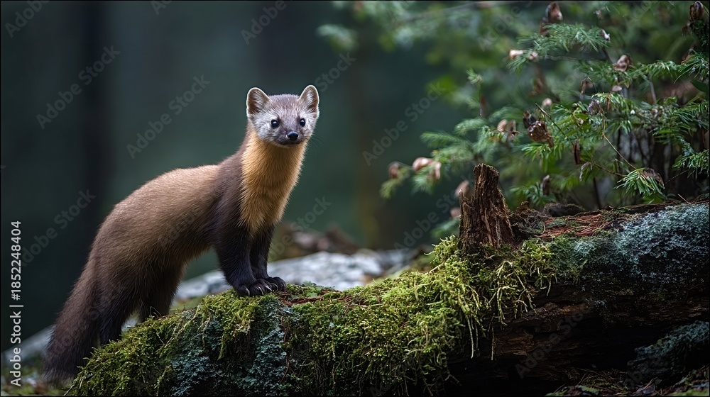 Fototapeta premium Pine marten, a small mammal, looking directly at viewer while standing on a moss covered fallen log in its natural forest habitat, highlighting wildlife and nature