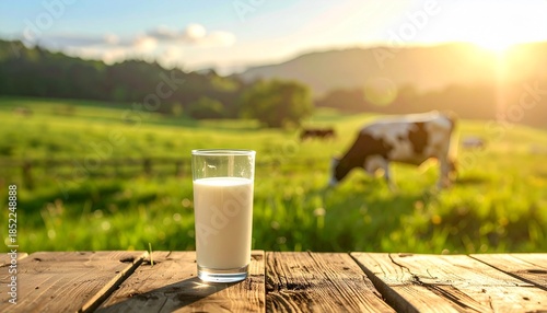 Glass of fresh milk on a wooden table with a grazing dairy cow in a blurred green pasture background. Natural farm-to-table concept symbolizing freshness, health, and rural life.