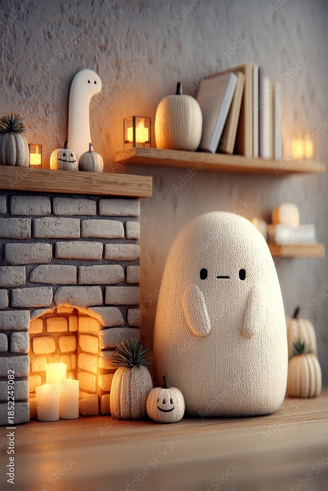 Obraz premium Cute minimal living decor scene with cozy fireplace, pumpkins, candles, and friendly blob figure