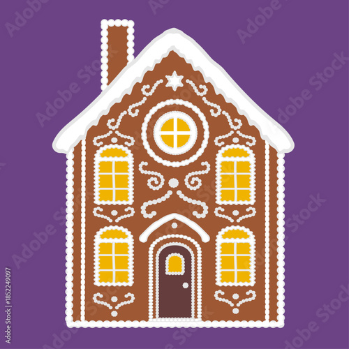 Christmas fantasy house made of cookies. A gingerbread houses on the dark background. Festive decor elements, traditional symbols illustration in flat cartoon style.  New Year sweets. Vector EPS 10