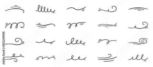 Wind air and swirl line doodle icons set. Motion and speed effect, air flow symbols and blow waves in sketch style. Hand drawn vector illustration isolated on white background