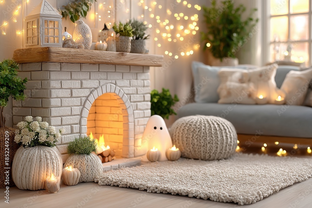 Obraz premium Cozy living room with fireplace, fairy lights, pumpkins, and soft knit accents for a warm holiday vibe