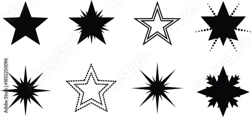Collection of diverse star shapes in black and white on transparent background silhouette