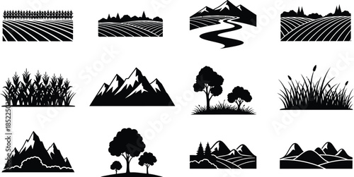 Variety of landscape silhouettes including mountains trees and fields on transparent background