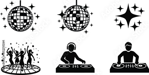 Black disco balls dj and dancing people on transparent background silhouette