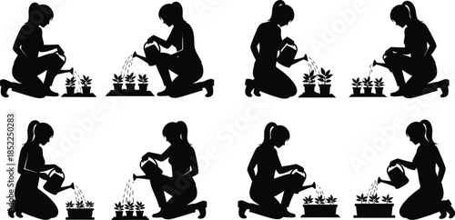 Women watering plants in various poses a decorative silhouette on transparent background