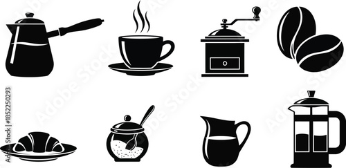 Coffee elements collection with a pot cup grinder and beans silhouette on transparent background