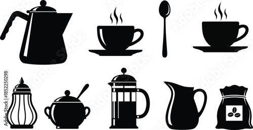 Black coffee pot cup and accessories silhouette on transparent background