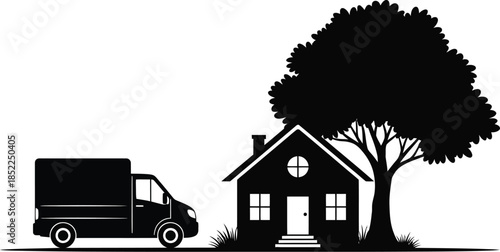 Black silhouette of house tree and van on transparent background