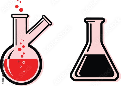 Two chemistry beakers with red liquid a distinctive silhouette on transparent background
