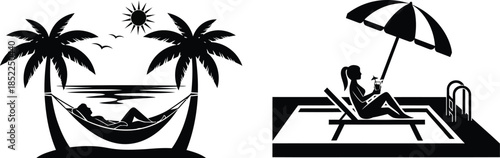 Tropical beach scene with hammock and poolside relaxation on transparent background silhouette