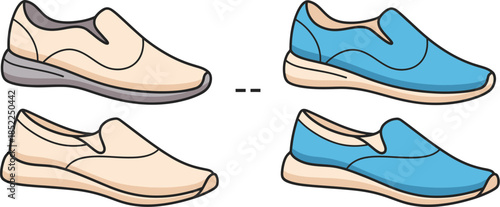 Pair of casual slip on shoes in two colors on transparent background silhouette