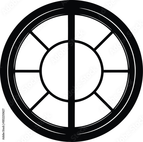 Circular window design with internal divisions on transparent background silhouette