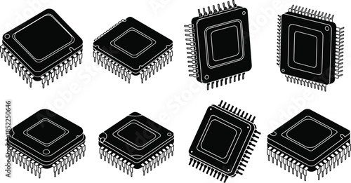 Isometric views of various integrated circuit chips on transparent background silhouette