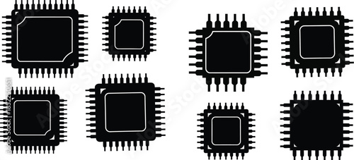 Collection of black microchip icons in various sizes on transparent background silhouette