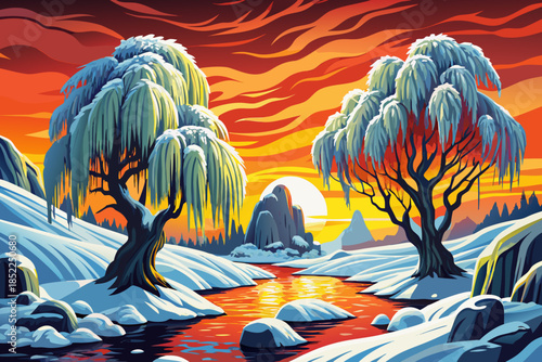 Snow draped willow trees lean beside a frozen stream, creating flowing shapes and gentle movement within a peaceful winter waterside landscape