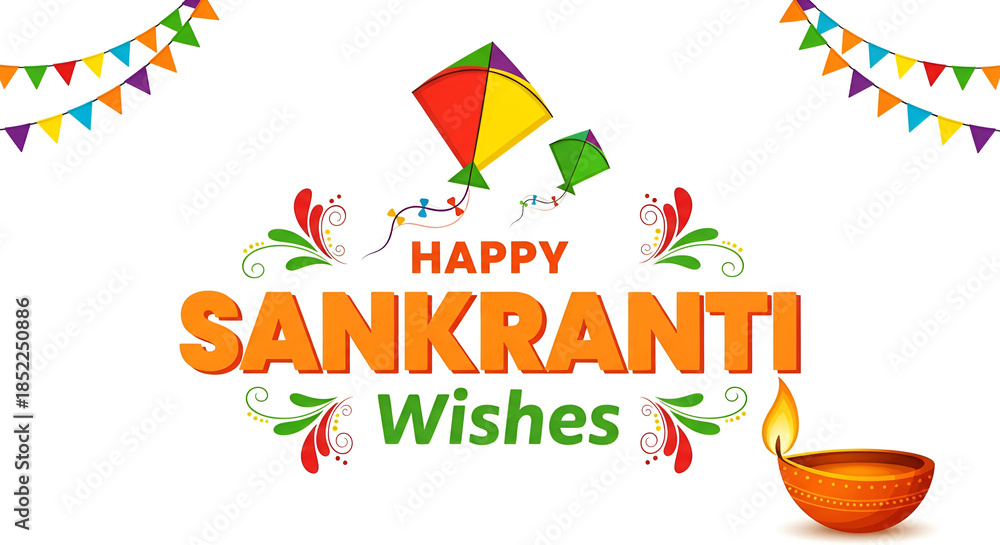 Fototapeta premium kite, colourful, flames, spirituality, graphic, religious, wishes, bunting, festival, flag, greeting, happy, hindu, illustration, india, indian, lamp, light, oil, tradition, white, auspicious, banner,