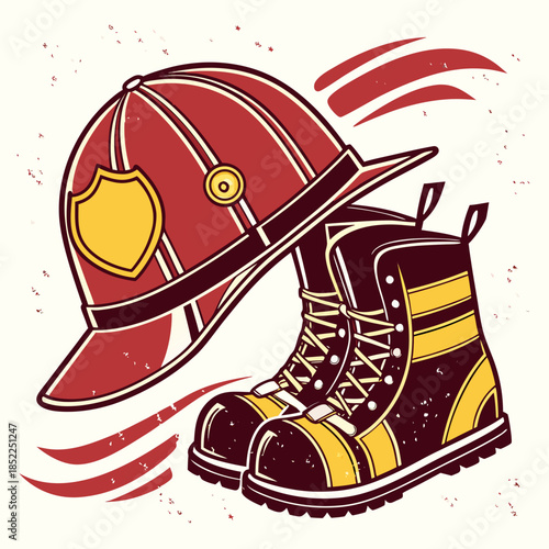 Vintage firefighter helmet and heavy-duty boots isolated on textured background.