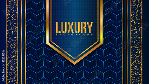 Vintage royal blue background featuring a decorative golden ornament frame with a retro vector border pattern for a VIP anniversary celebration card or antique book cover illustration banner