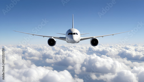 White Airplane Boeing 787 Modern Passenger Jet Plane Flying Above White Clouds and Blue Sky Front View Angle
