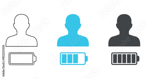 Three human silhouette icons illustrating different energy levels represented by battery charge indicators, isolated on transparent background