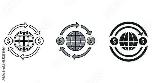 Three variations of a global finance icon showing money circulation around a stylized earth, isolated on transparent background