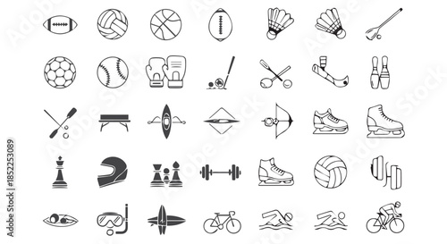 Collection of black and white sports equipment and activity icons in a grid format, isolated on transparent background