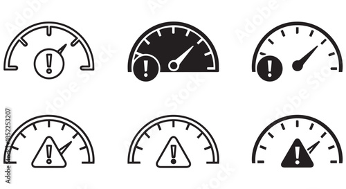 Set of six gauge icons illustrating various warning and alert states with exclamation marks and triangles, isolated on transparent background