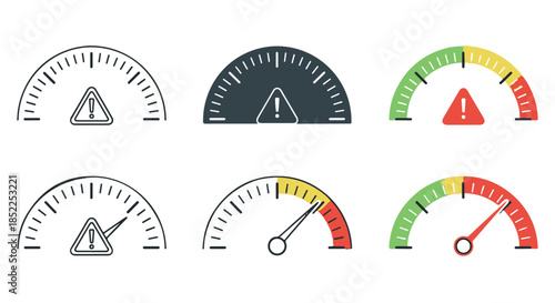 Set of six gauge icons showing different levels of warning indicators and measurement scales, isolated on transparent background
