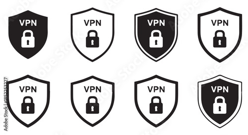 Collection of eight different shield icons representing virtual private network security and encryption, isolated on transparent background