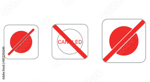 Three variations of a red circle with a diagonal red line crossing it out, isolated on transparent background