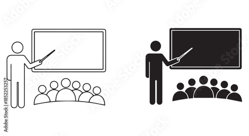Two styles of simple icon showing a teacher pointing at a blackboard in front of a group of students, isolated on transparent background