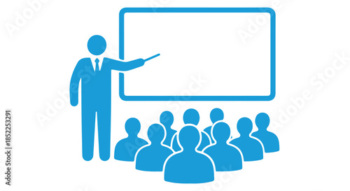 Blue icon depicting a teacher or presenter standing next to a blank whiteboard instructing a group of seated students or audience members, isolated on transparent background