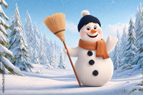Cheerful snowman sweeping the snowy ground in a blue winter forest scene