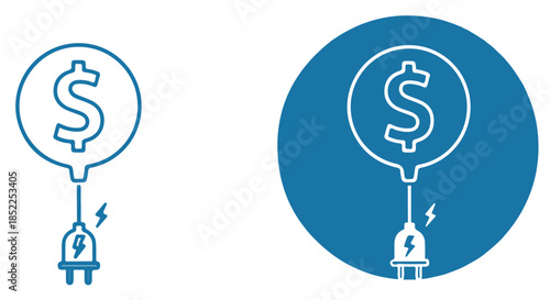 Two blue line art icons depicting a dollar sign connected to an electrical plug, one isolated and one within a blue circle isolated on transparent background