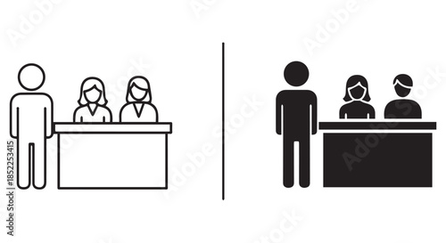 Two styles of icon representing a panel of three people, one male standing next to a desk with two females seated, shown in outline and solid fill isolated on transparent background