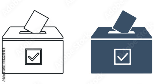 Two styles of icon representing a ballot being cast into a voting box with a checkmark, isolated on transparent background