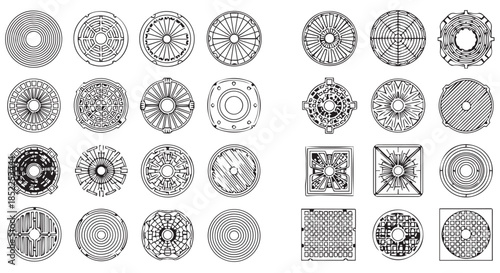 Collection of 24 intricate black and white circular abstract geometric patterns and designs isolated on transparent background