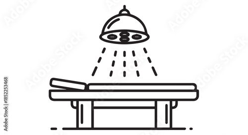 Outline icon of a medical examination table or operating bed illuminated by a bright overhead surgical lamp, isolated on transparent background