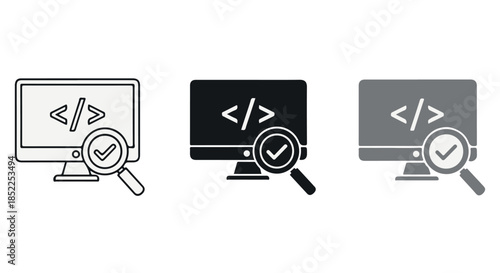 Set of three computer monitor icons displaying code tags with a magnifying glass and checkmark, representing code review or validation isolated on transparent background