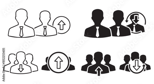 Set of black and white line and solid icons representing user group management, including upload and download actions for business people isolated on transparent background