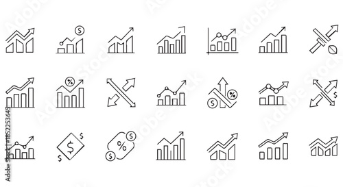 Collection of handdrawn sketch icons representing various financial growth charts, statistics, and market analysis symbols isolated on transparent background