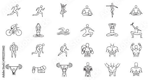 Collection of black and white line art icons depicting various fitness, sport, exercise, and bodybuilding activities and figures isolated on transparent background