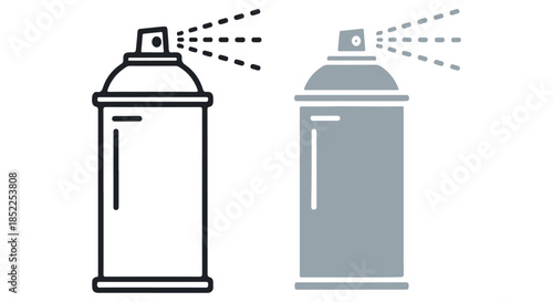 Set of two spray paint can icons, one outline and one filled gray, illustrating aerosol dispensing action isolated on transparent background