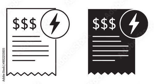 Set of two icons representing an electricity bill with dollar signs and a lightning bolt symbol, isolated on transparent background