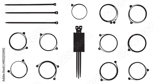 Black and white schematic illustration of various cable tie types including straight straps and circular cable management loops isolated on transparent background