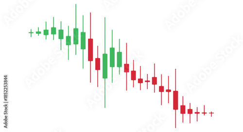 Candlestick chart showing a general downtrend with alternating green and red bars isolated on transparent background